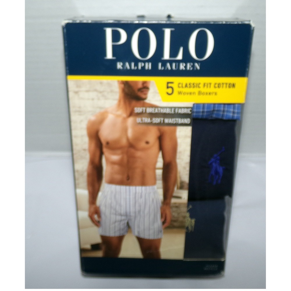 Polo Ralph Lauren Mens 5 Pack Classic Fit Cotton Woven Boxers Navy Plaid Small